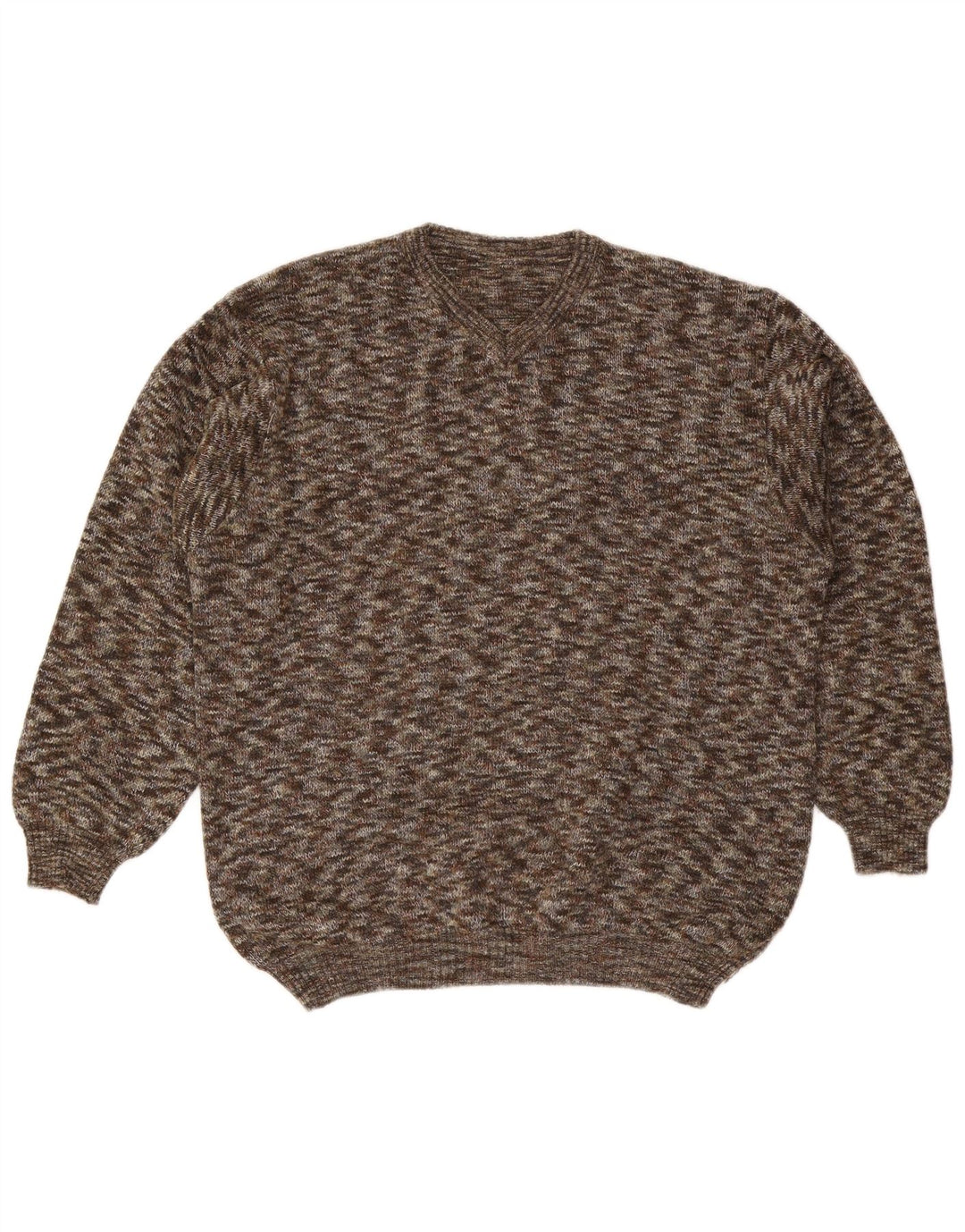 VINTAGE Pull col V homme grande laine mouchetée marron