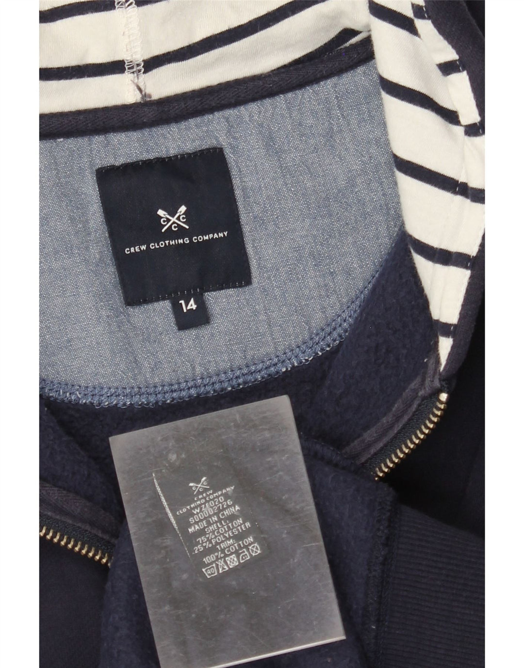 CREW CLOTHING Pull à capuche zippé pour femme UK 14 Grand coton bleu marine