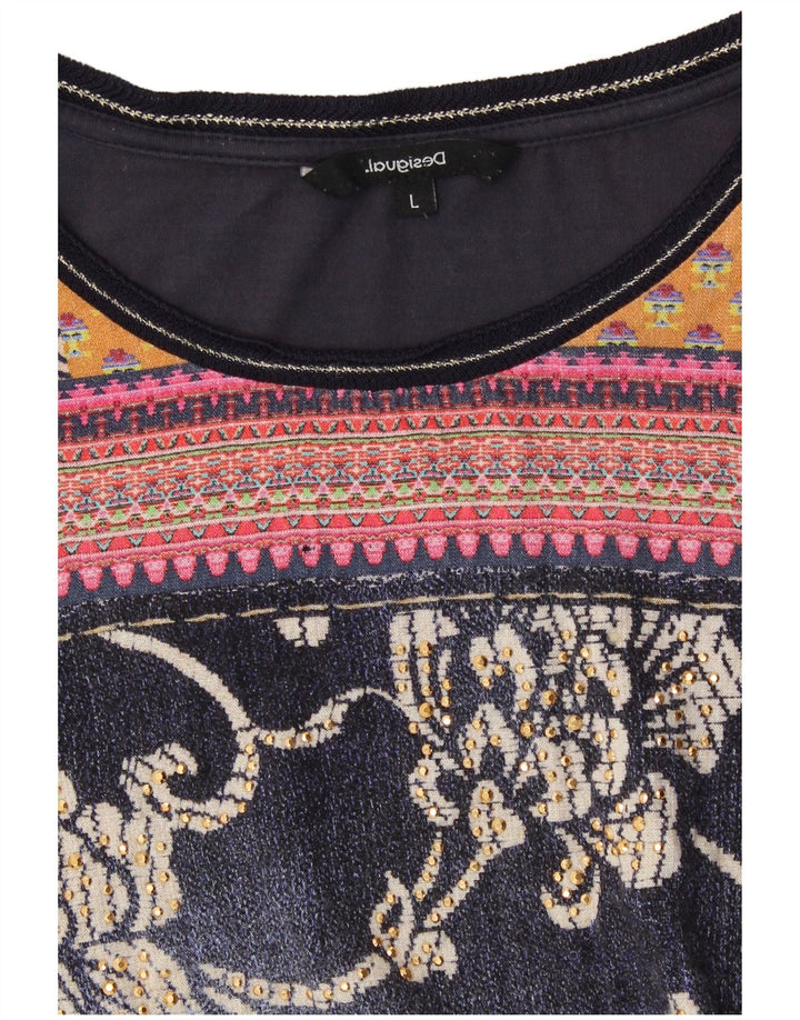 DESIGUAL Haut graphique pour femme à manches 3/4 UK 14 Large Gris Floral