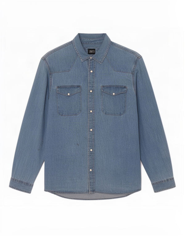 Zara Chemise en jean coupe décontractée pour hommes, grand coton bleu
