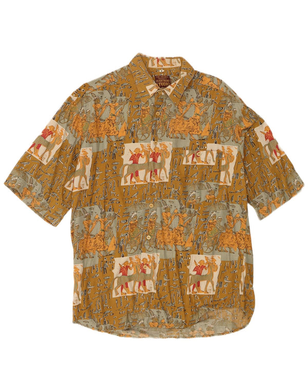 vintage Mens Graphic Chemise à manches courtes Grand Kaki Patchwork Viscose