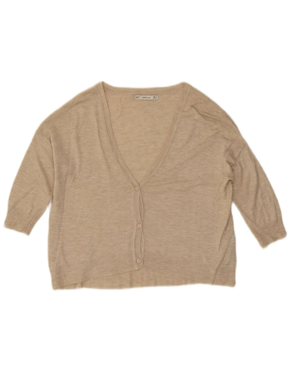 Zara Womens Crop Cardigan à manches 3/4 Pull UK 10 Petit Beige Moucheté