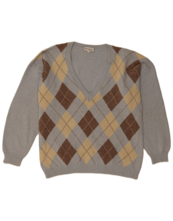 vintage Femme V-Col Jumper Pull UK 18 XL Bleu Argyle/Diamant