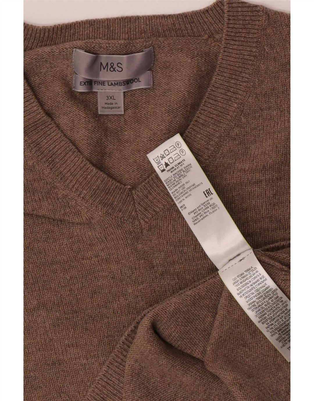 Marks & Spencer Pull col V pour homme en laine beige 3XL
