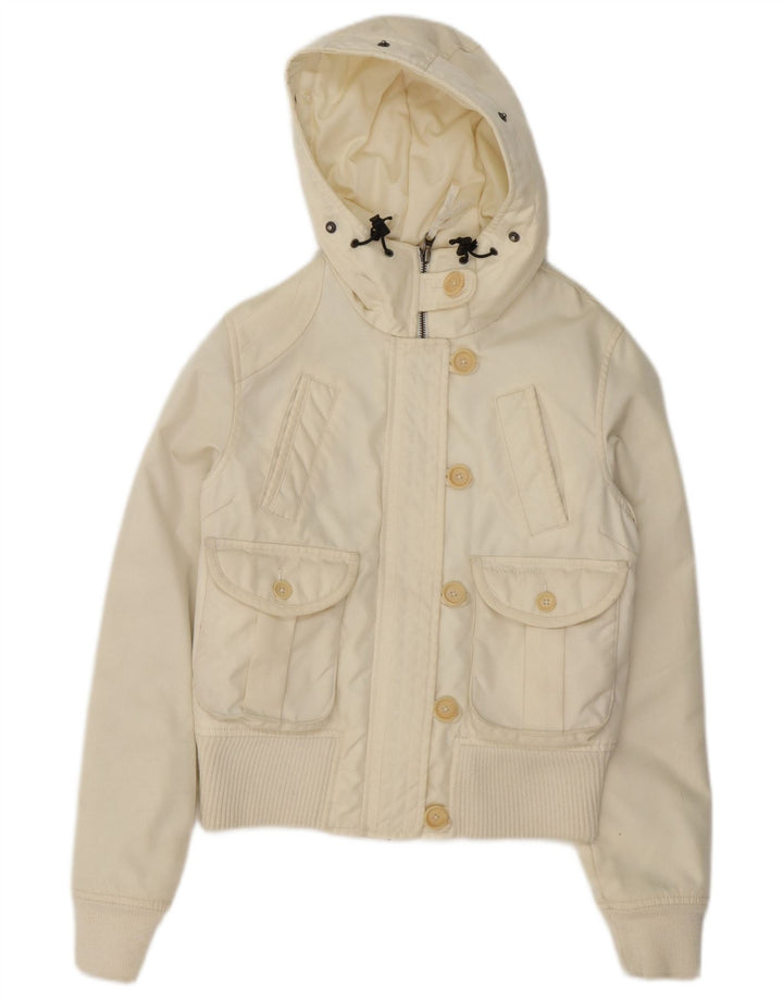 Woolrich Veste bomber rembourrée à capuche pour femme UK 14 Medium Off White Nylon