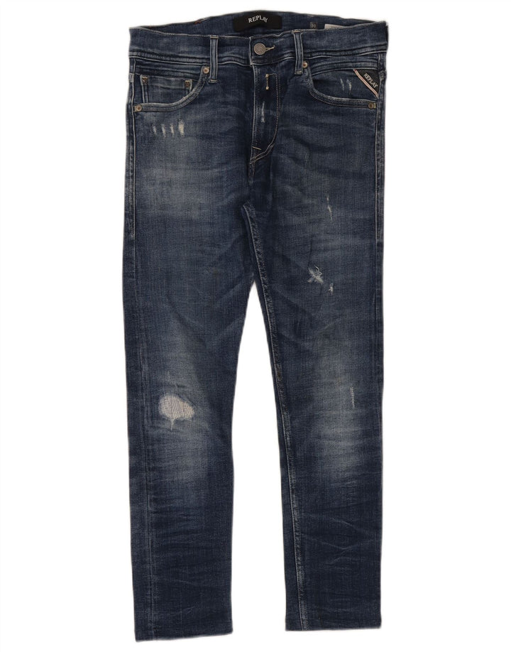Replay Jean Slim Court Déchiré Femme W30 L26 Bleu