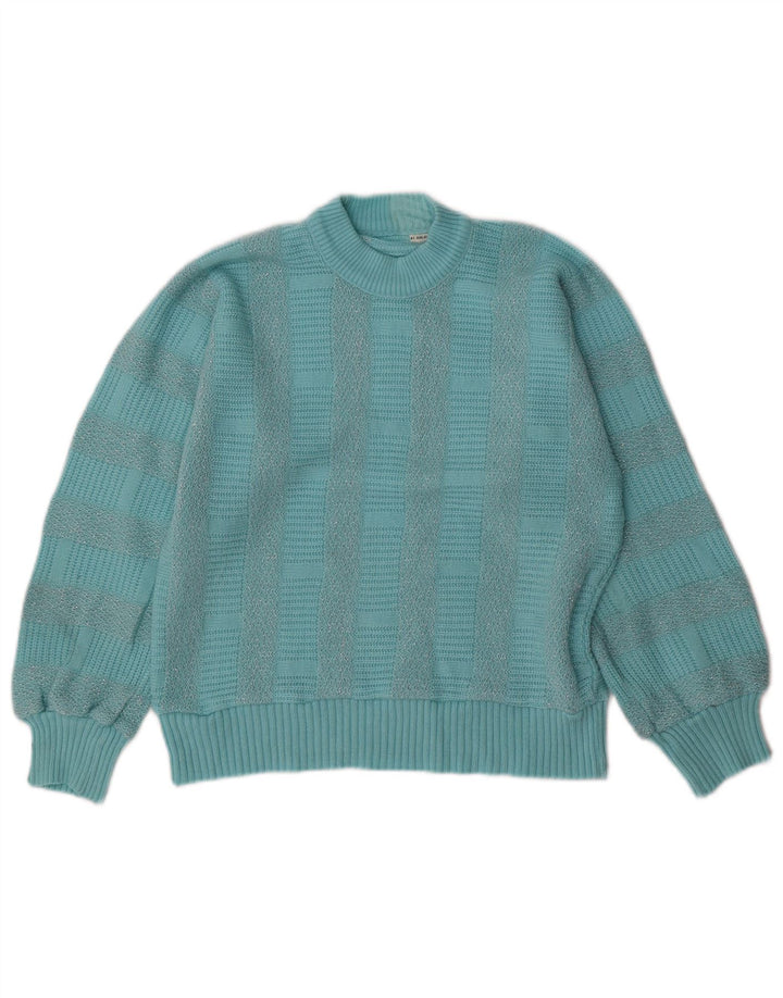 VINTAGE Femme Turtle Neck Jumper Pull UK 14 Bleu Moyen Rayé