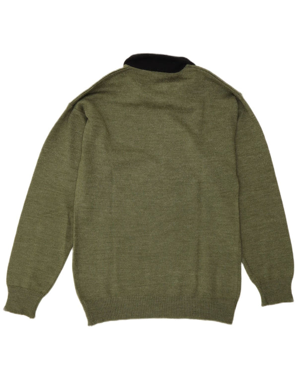 vintage Mens Polo Neck Jumper Pull Vert Moyen Colorblock