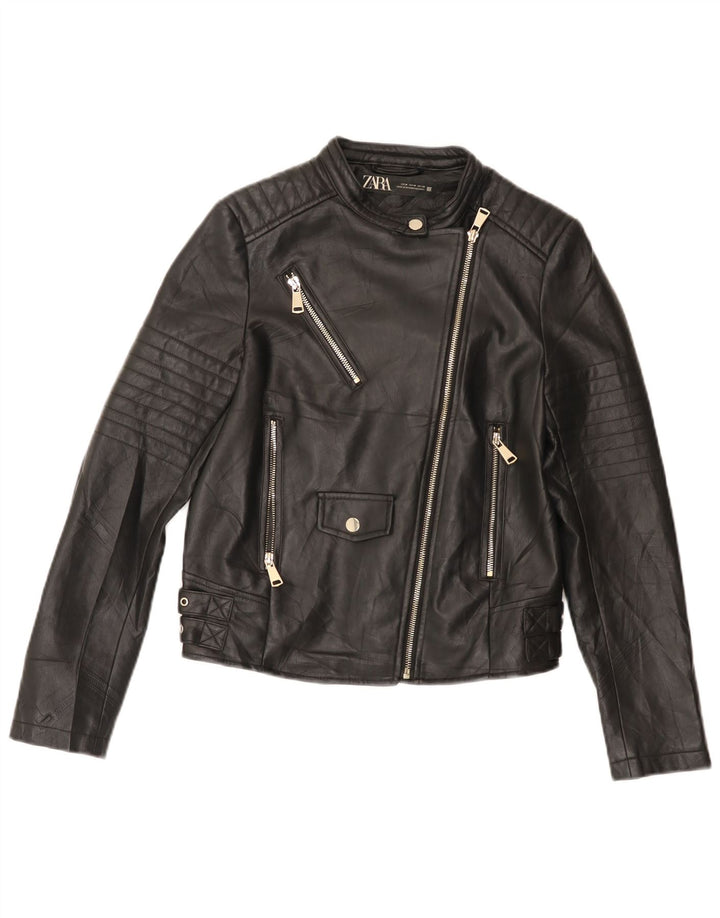 Zara Womens Crop Faux Leather Biker Jacket UK 12 Moyen Noir Polyéthylène