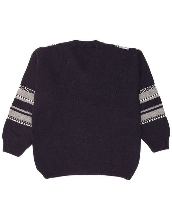 vintage Mens V-Col Jumper Pull Grand Bleu Marine Rayé Polyacrylique