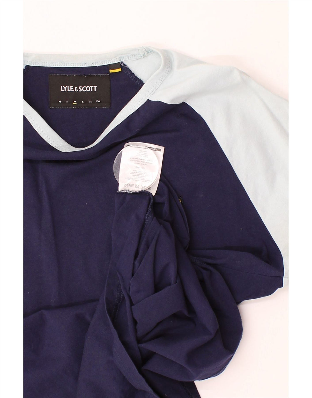 LYLE & SCOTT Mens T-Shirt Top Medium Navy Blue Colourblock Cotton Vintage Lyle & Scott and Second-Hand Lyle & Scott from Messina Hembry 