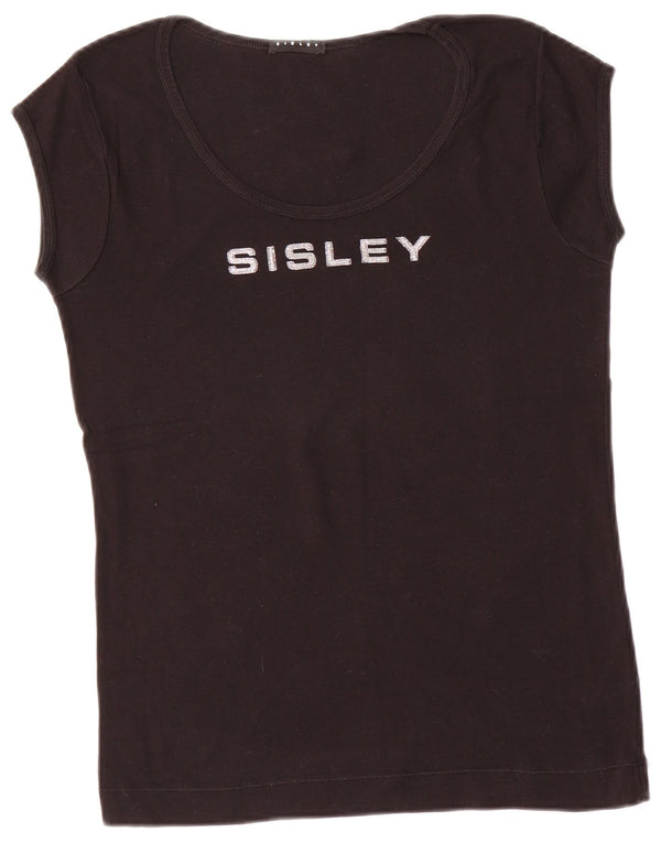 SISLEY T-Shirt Graphique Femme UK 14 Large Noir Coton