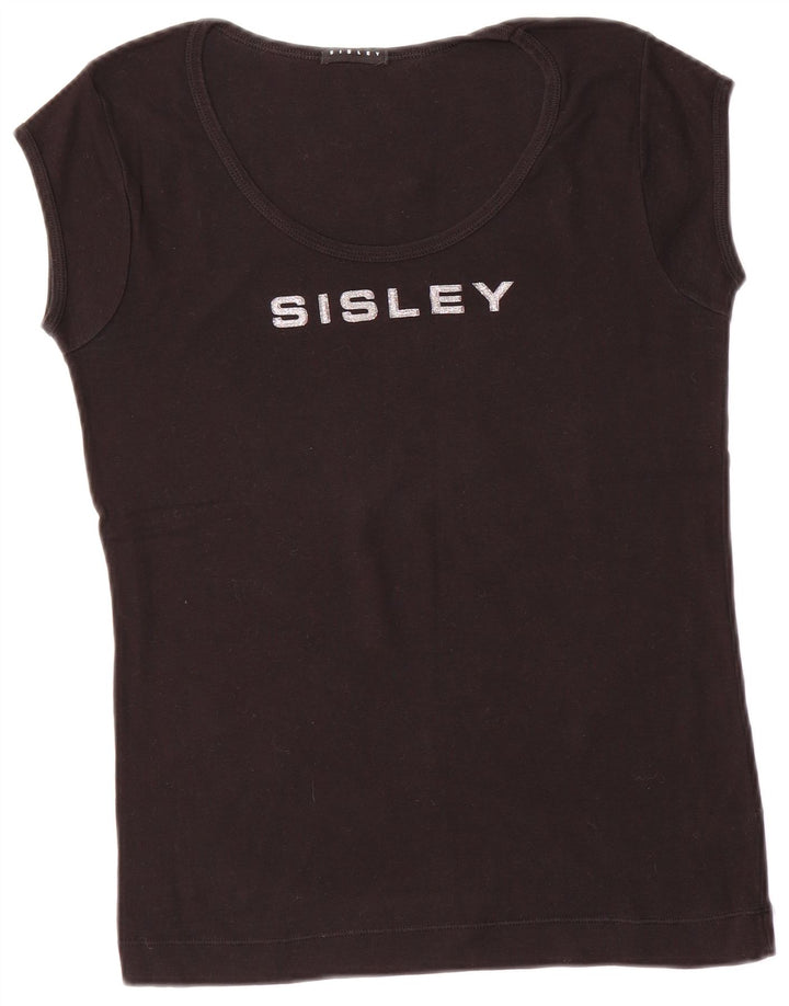 SISLEY T-Shirt Graphique Femme UK 14 Large Noir Coton