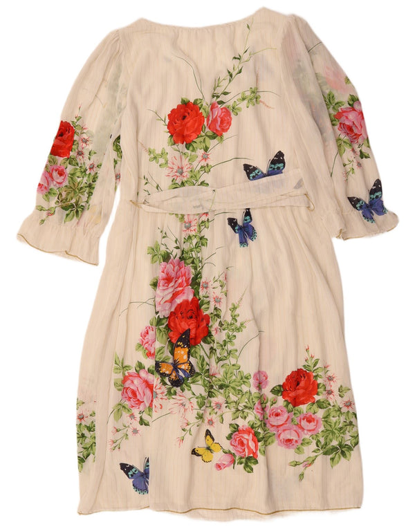 SORA Robe longue à manches 3/4 pour femme UK 14 Grand papillon floral blanc