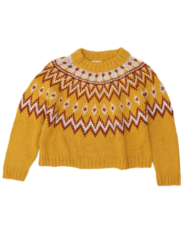 Topshop Pull court à col rond pour femme UK 14 Large Jaune Fair Isle