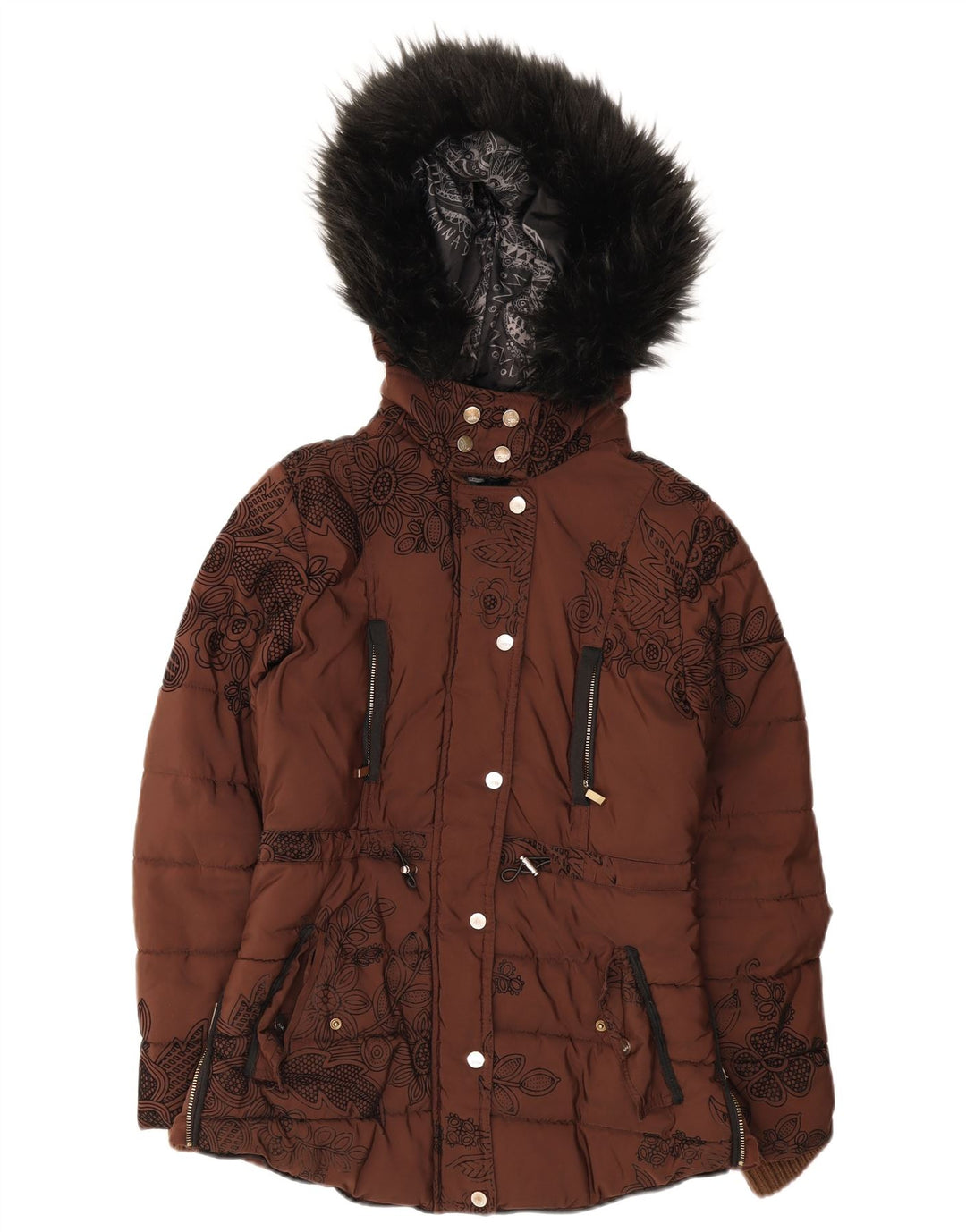 Desigual Veste matelassée surdimensionnée à capuche pour femme EU 36 Petit Marron Floral