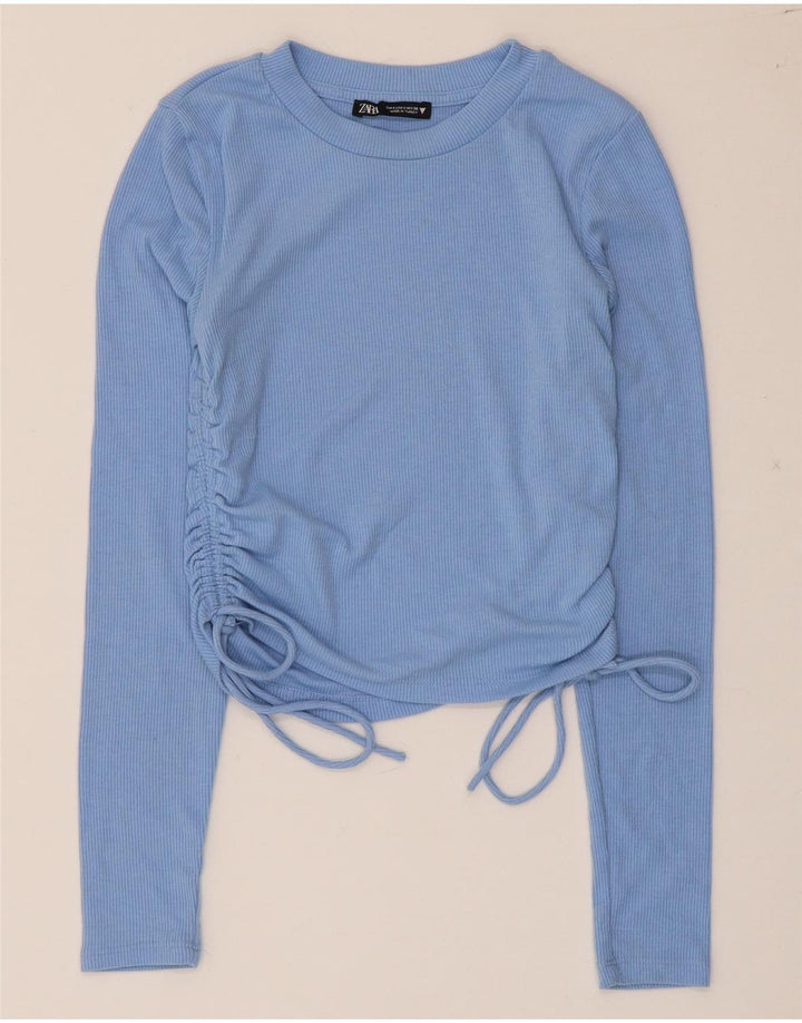 Zara Womens Crop Top Manches Longues UK 8 Petit Bleu