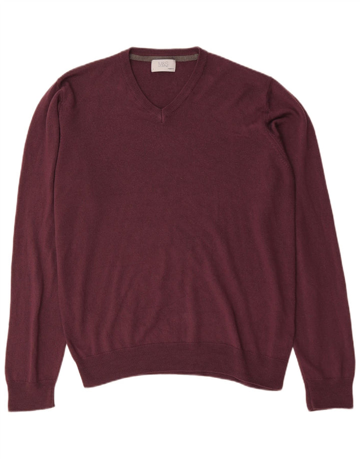 Marks & Spencer Pull coupe classique à col en V pour homme, grand, bordeaux