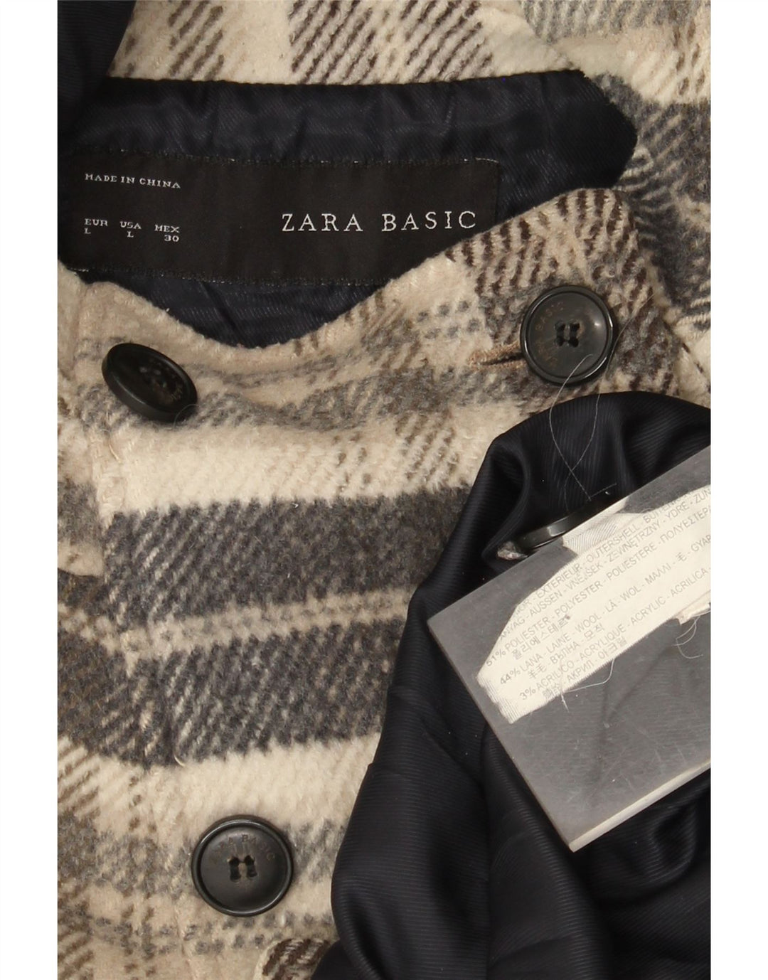 Zara Manteau court à capuche double boutonnage pour femme UK 16 Grand carreaux beiges