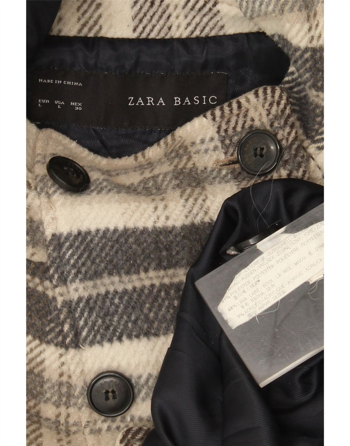 Zara Manteau court à capuche double boutonnage pour femme UK 16 Grand carreaux beiges