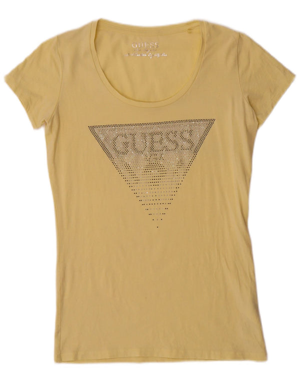 Guess T-Shirt Graphique Femme UK 12 Coton Jaune Moyen