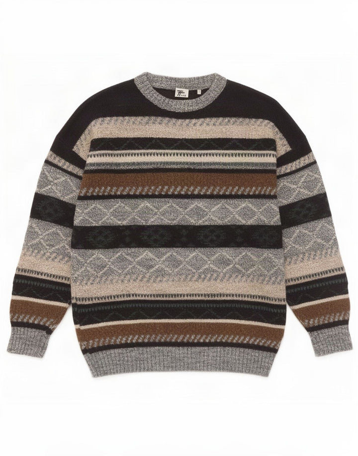 vintage Mens Boat Neck Jumper Pull Moyen Multicolore Géométrique