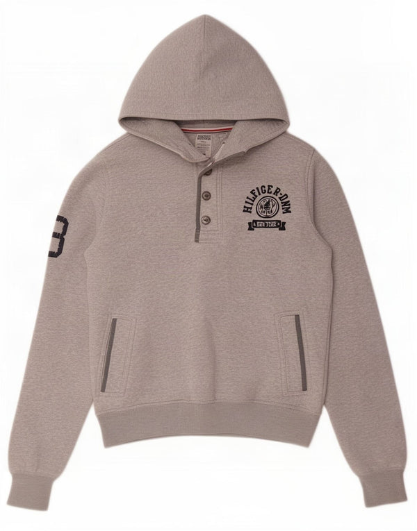 Tommy Hilfiger Pull à capuche graphique à col boutonné pour homme Petit gris moucheté
