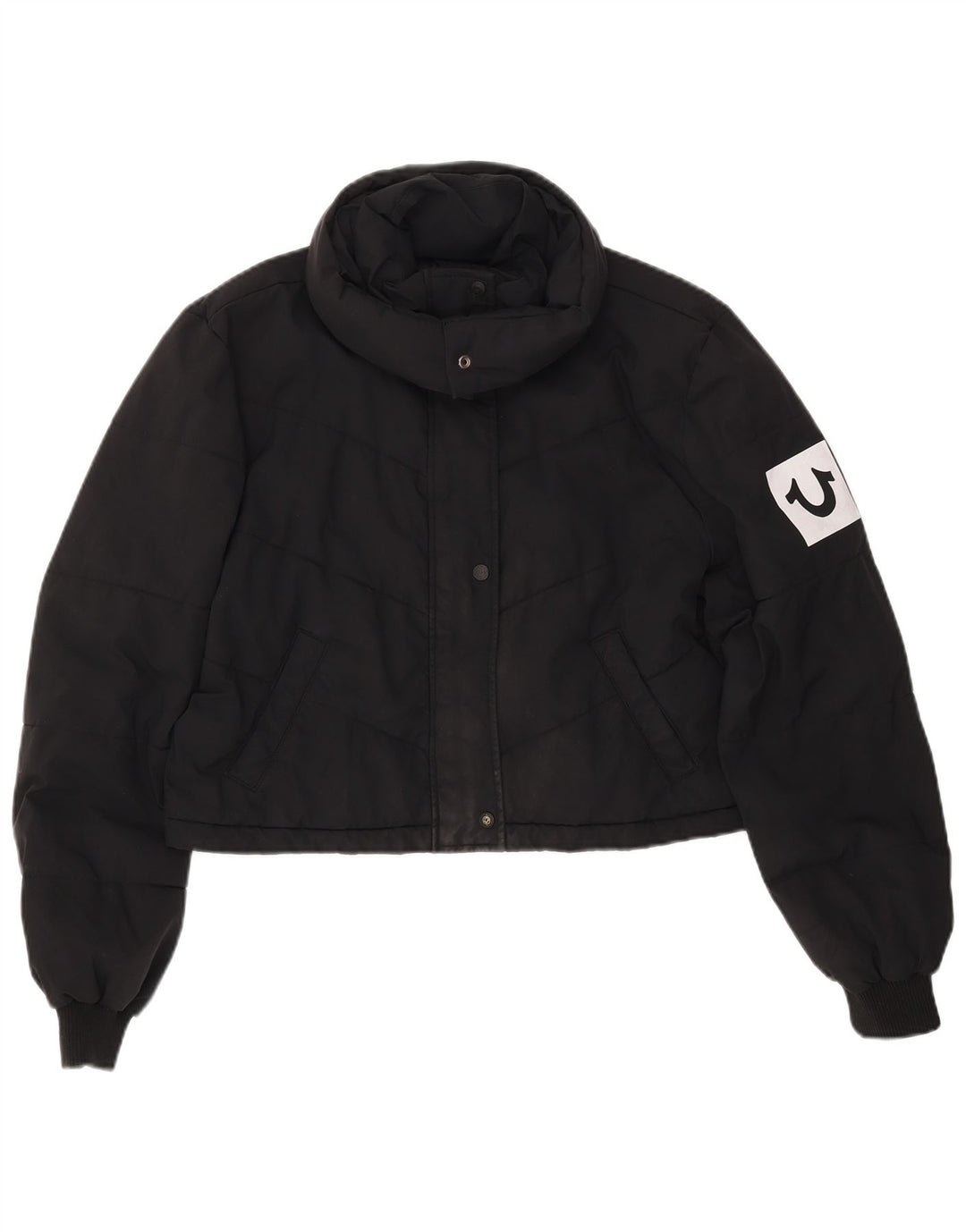 TRUE RELIGION Veste courte rembourrée pour femme UK 16 Large Noir Polyester