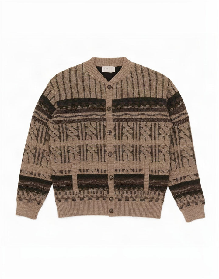 vintage Mens Cardigan Sweater IT 52 Grande laine géométrique marron