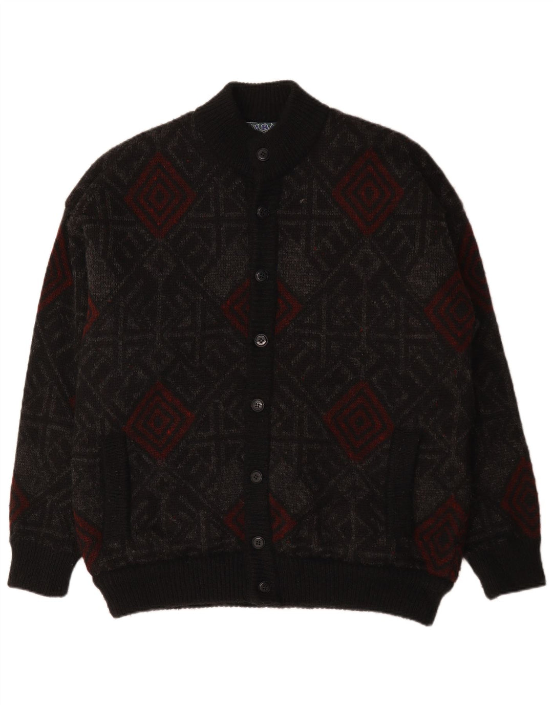 VINTAGE Homme Cardigan Pull XL Noir Géométrique Laine