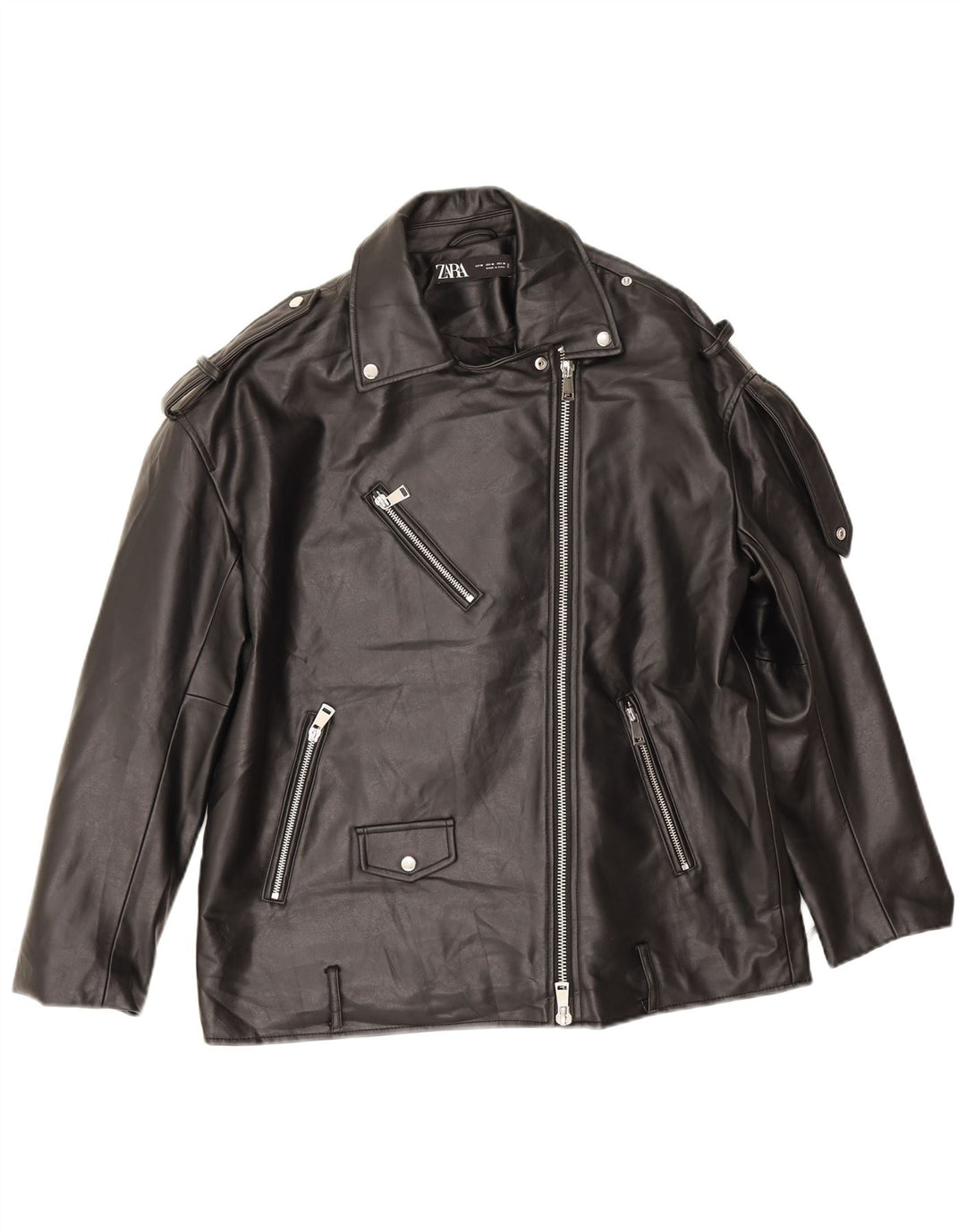 Zara Veste de motard surdimensionnée en similicuir pour hommes UK 14 Polyester noir moyen