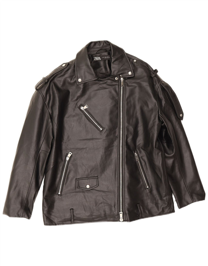 Zara Veste de motard surdimensionnée en similicuir pour hommes UK 14 Polyester noir moyen