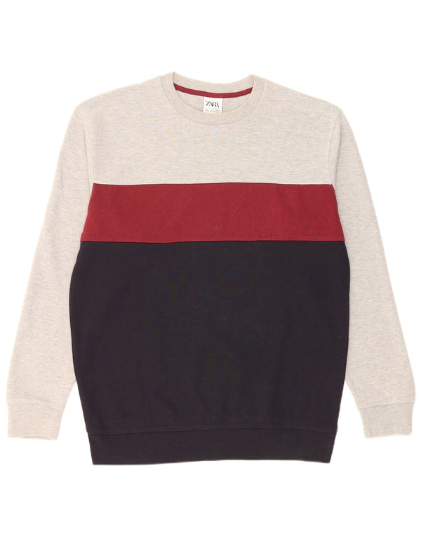 Zara Mens Sweatshirt Jumper Large Gris Colorblock Coton