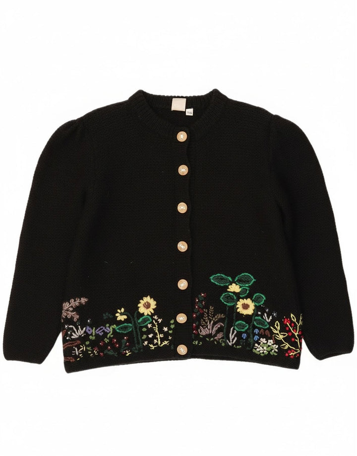 vintage Femme Cardigan Pull EU 40/42 Laine florale noire moyenne