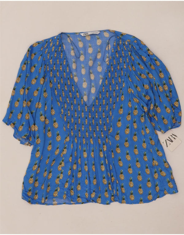 Zara Chemisier à manches 3/4 à motif abstrait pour femme UK 18 XL Bleu Viscose
