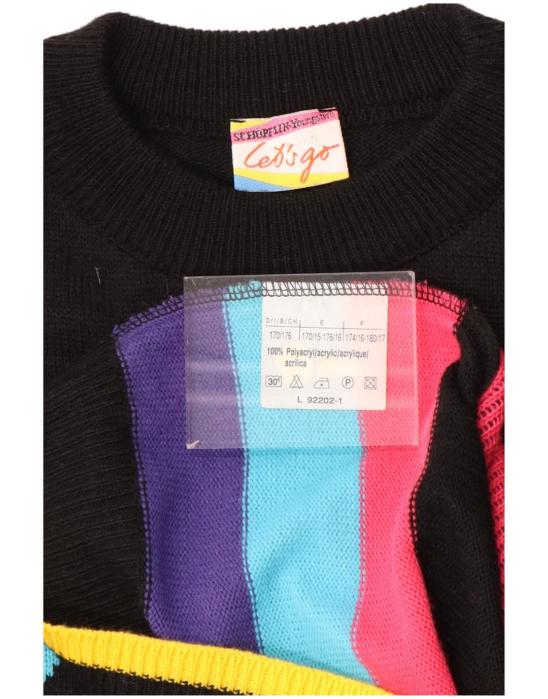 VINTAGE Robe pull graphique femme UK 16 Grand colorblock noir