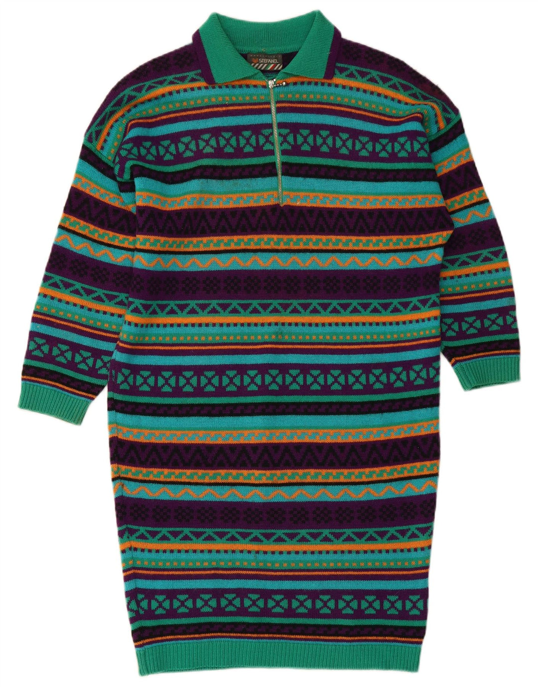 STEFANEL Robe polo en tricot à manches longues pour femme UK 14 Vert moyen géométrique