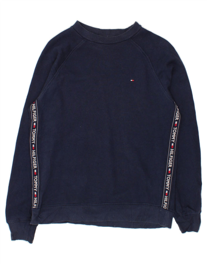 TOMMY HILFIGER Mens Graphic Sweatshirt Jumper Small Navy Blue Cotton Vintage Tommy Hilfiger and Second-Hand Tommy Hilfiger from Messina Hembry 