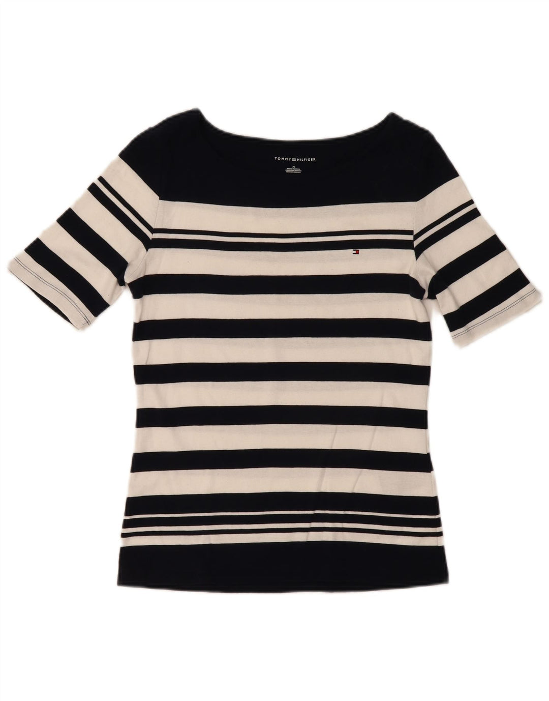 Tommy Hilfiger T-Shirt Femme Top UK 12 Coton Rayé Noir Moyen