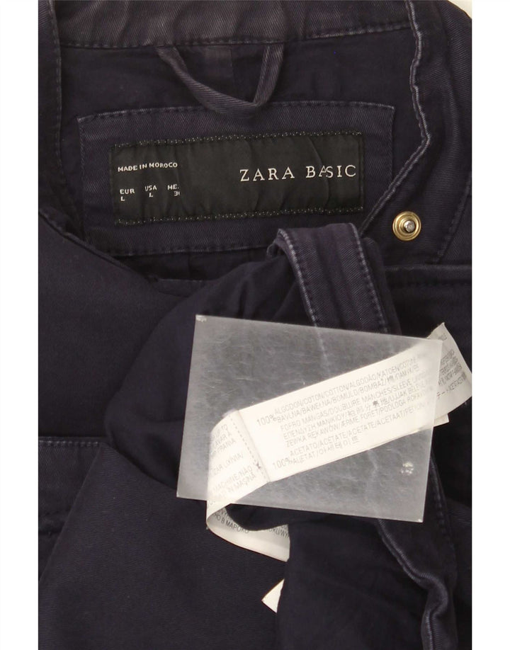 Zara Womens Crop Biker Jacket UK 14 Large Bleu Marine Coton