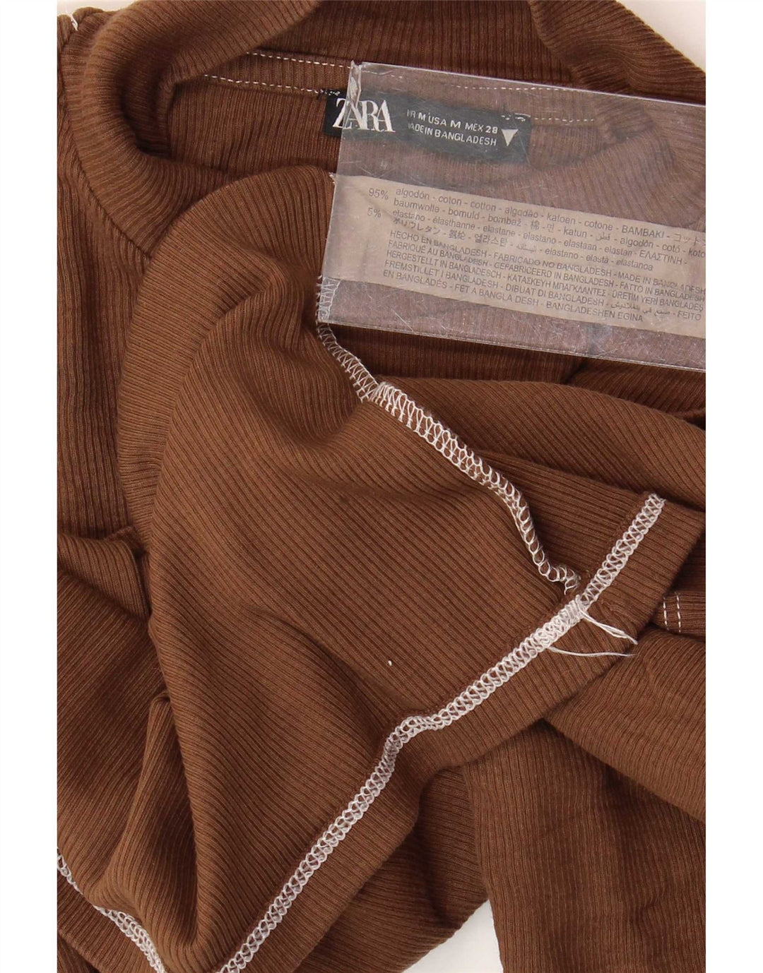 Zara Womens Crop Top Manches 3/4 UK 12 Coton Marron Moyen