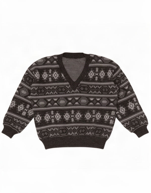 vintage Mens V-Col Jumper Pull Grand Gris Fair Isle