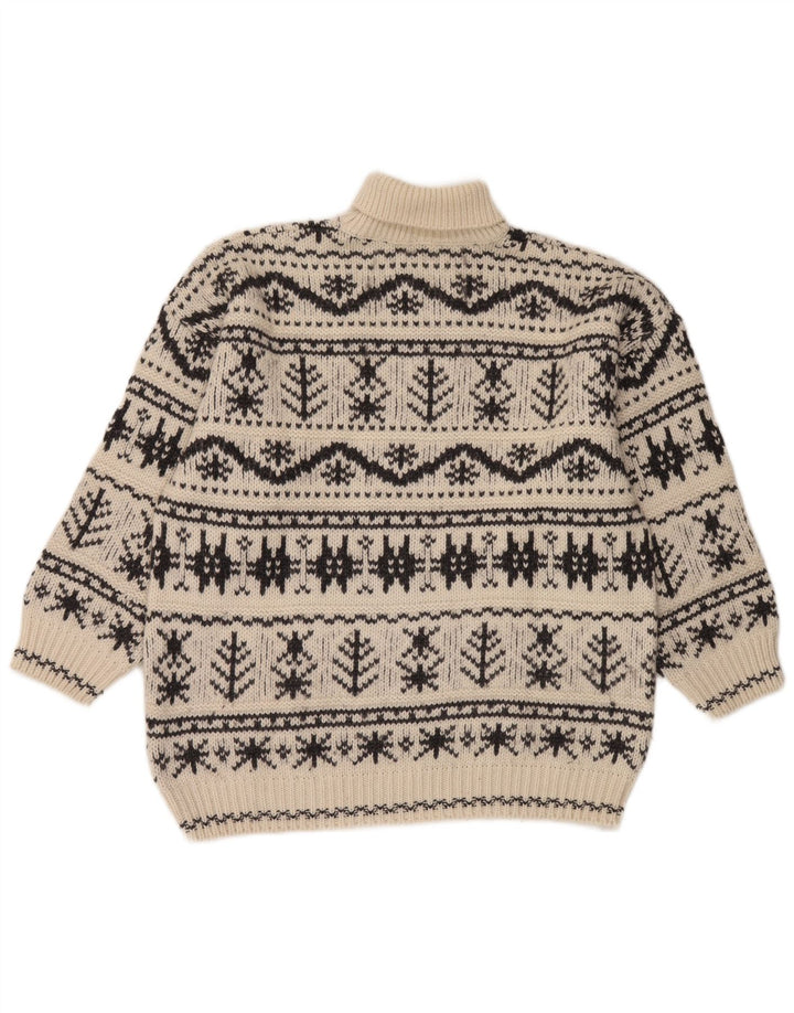vintage Mens Roll Neck Jumper Pull Moyen Off White Fair Isle Acrylique