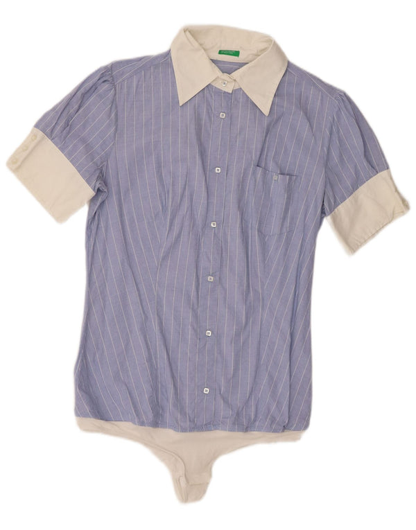 Benetton Body chemise à manches courtes pour femme UK 14 grand coton rayé bleu