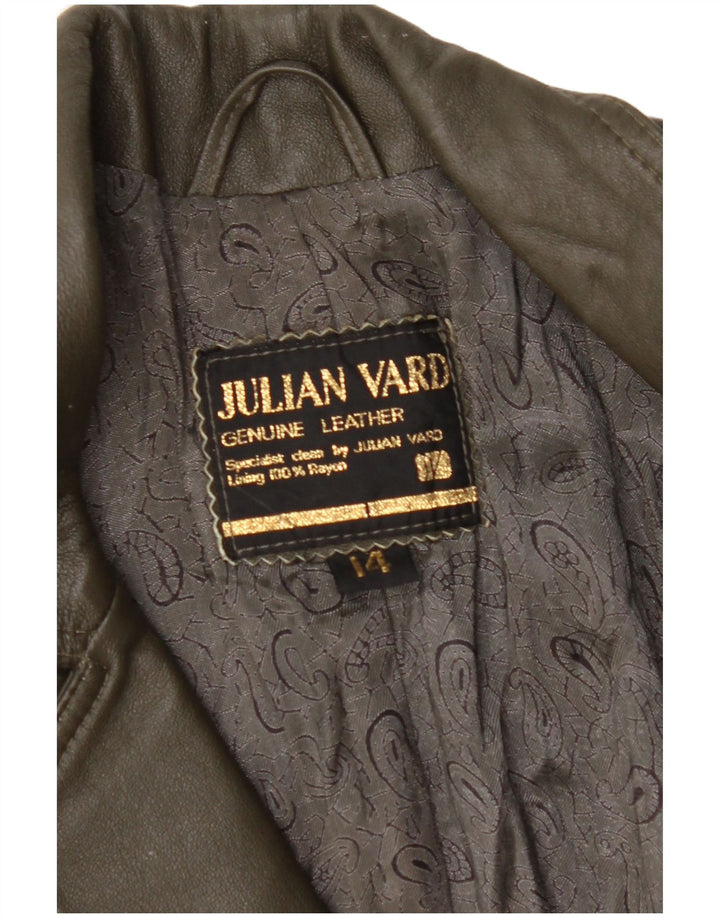 JULIAN VARD Manteau en cuir femme UK 14 Grand cuir vert