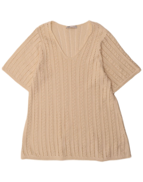 Zara Robe pull en crochet à manches courtes pour femme UK 14 Medium Off White