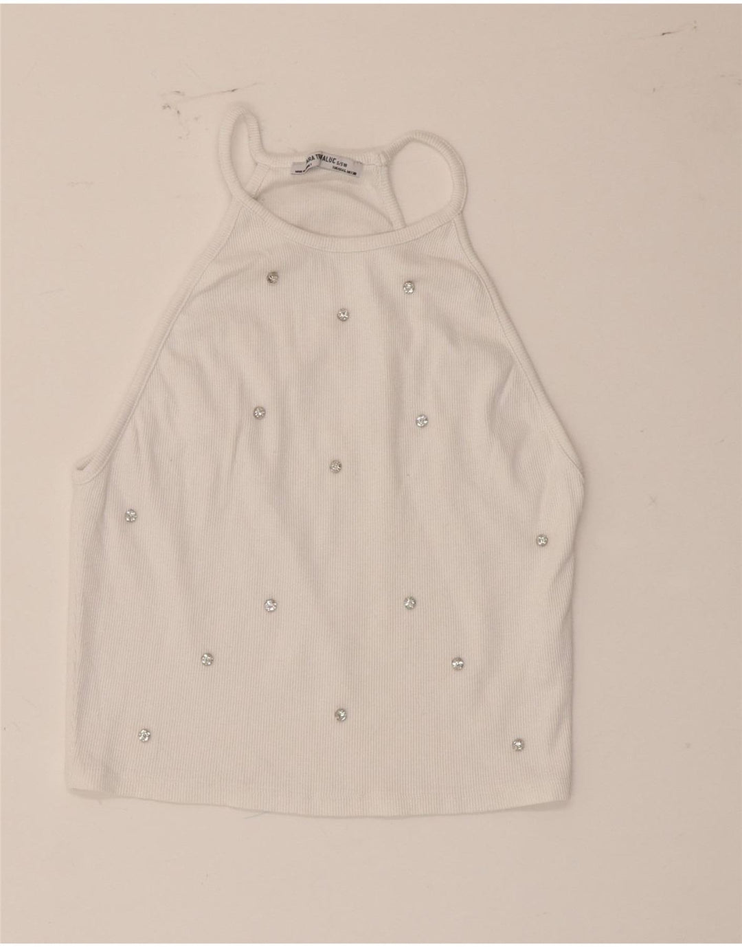 Zara Womens Crop Halter Top UK 14 Grand coton tacheté blanc
