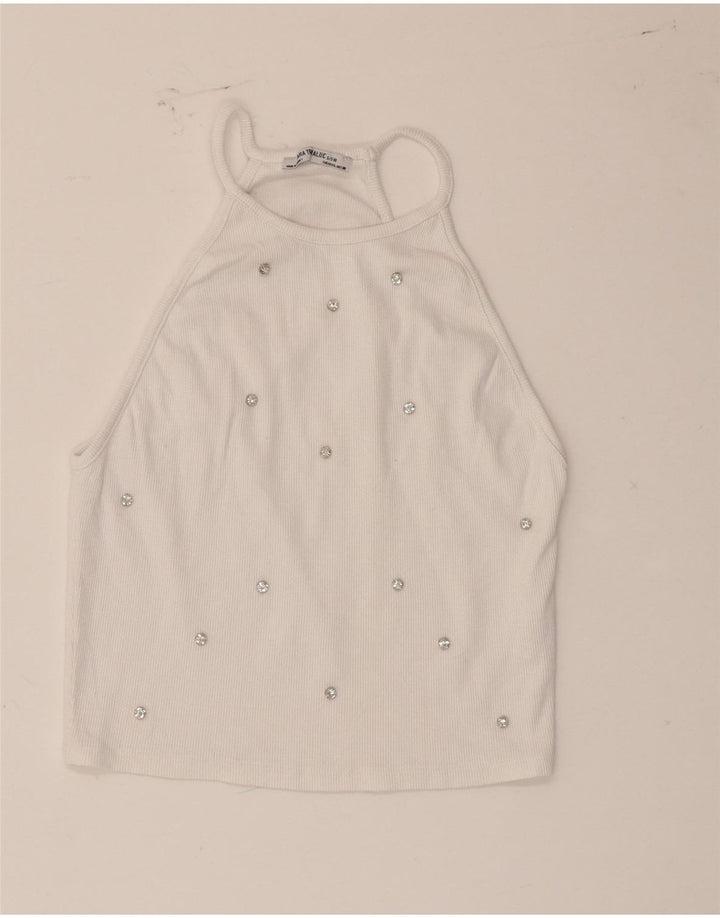 Zara Womens Crop Halter Top UK 14 Grand coton tacheté blanc