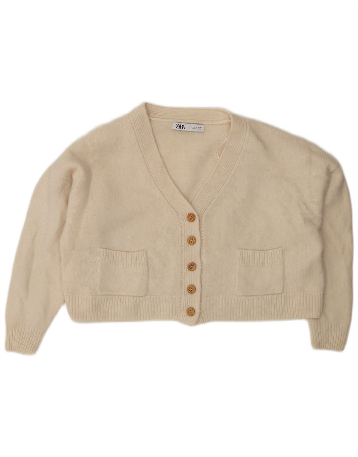 Zara Womens Crop Oversize Cardigan Pull UK 10 Petite laine beige