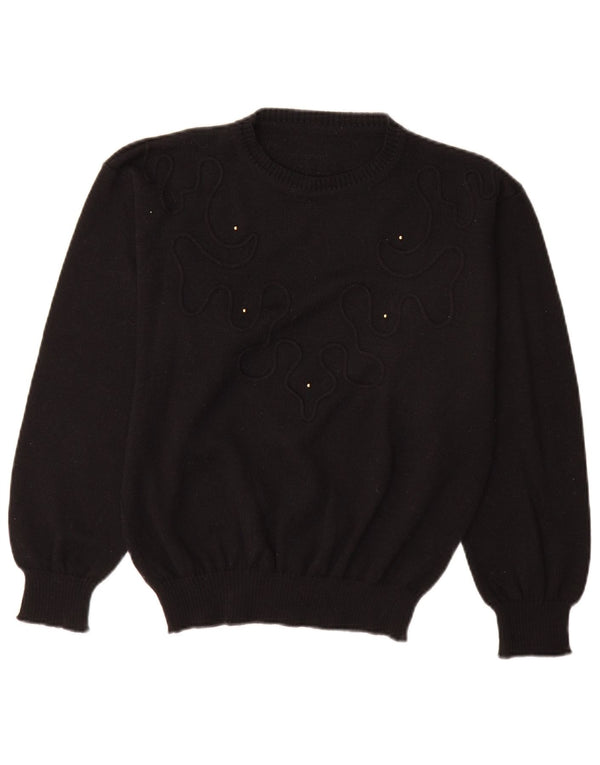 vintage Femme Crew Neck Jumper Pull EU 40 Laine Noire Moyenne
